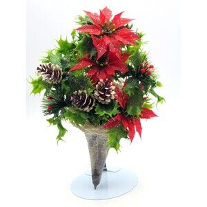 Vintage Cornucopia Red Poinsettia Pine Cones Plastic Wall Tabletop Decoration